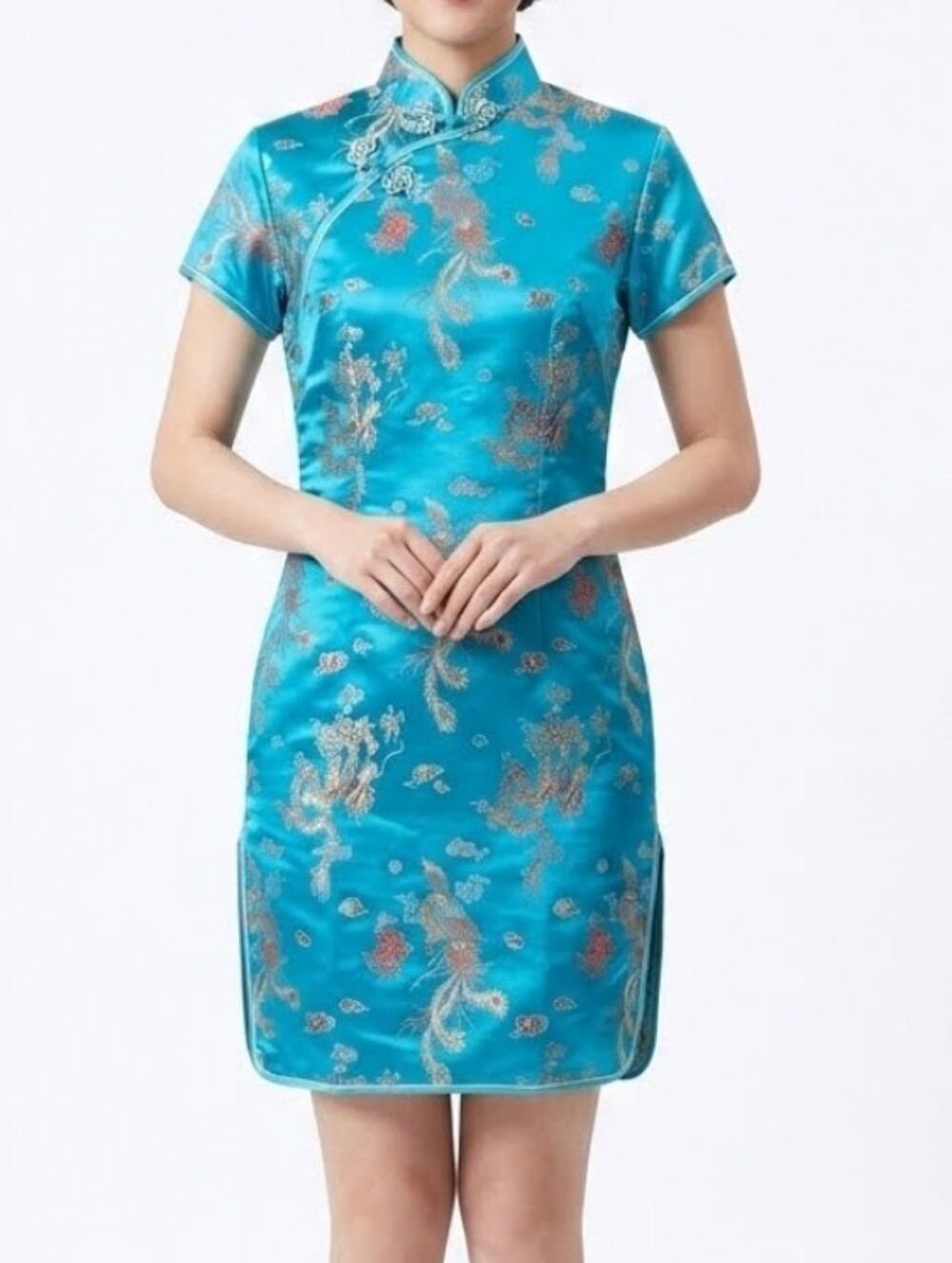 Vtg Laogudai Turquoise Satin Mandarin Collar Cheongsam Dress Small